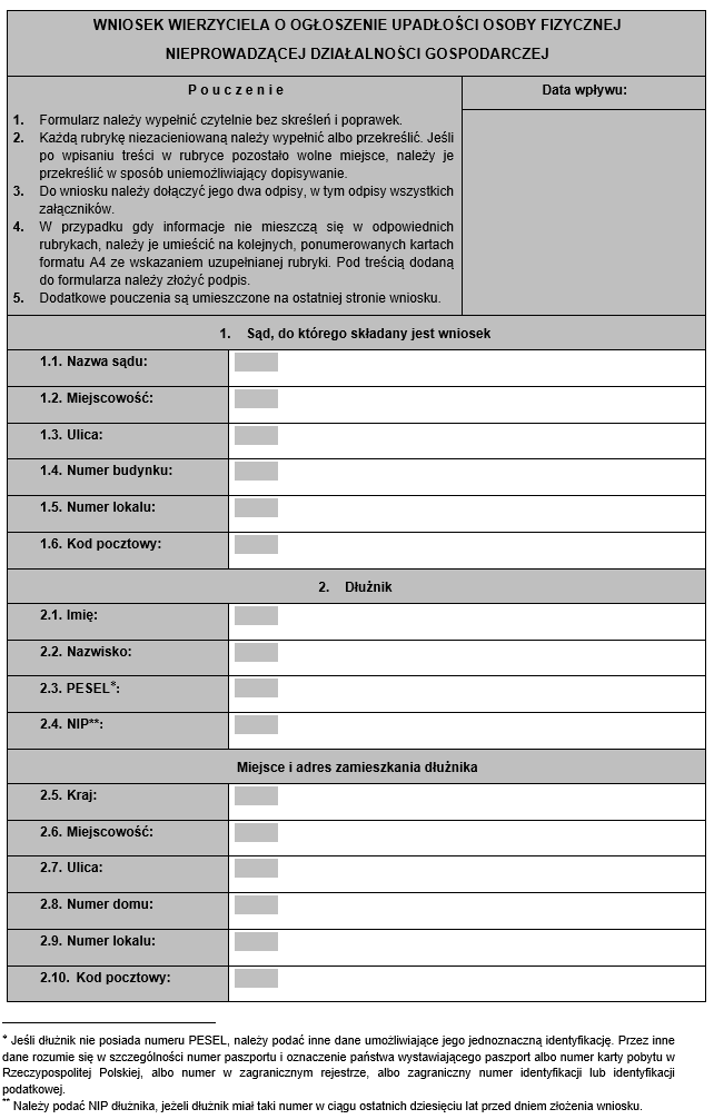 Formularze wniosków o ogłoszenie upadłości osoby fizycznej nieprowadzącej działalności gospodarczej