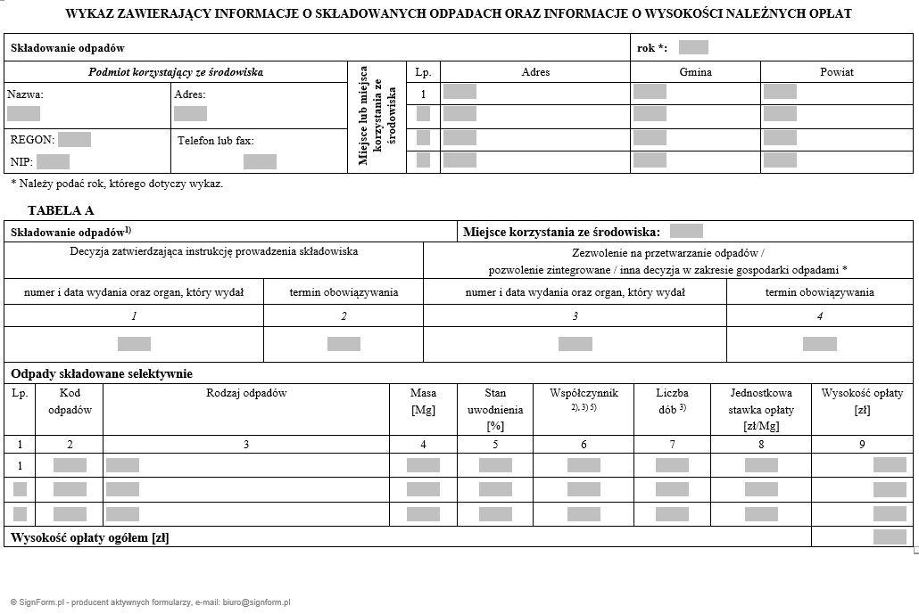 Wzory wykazów zawierających informacje i dane o zakresie korzystania ze środowiska oraz o wysokości należnych opłat: gazów lub pyłów wprowadzanych do powietrza, składowanych odpadów