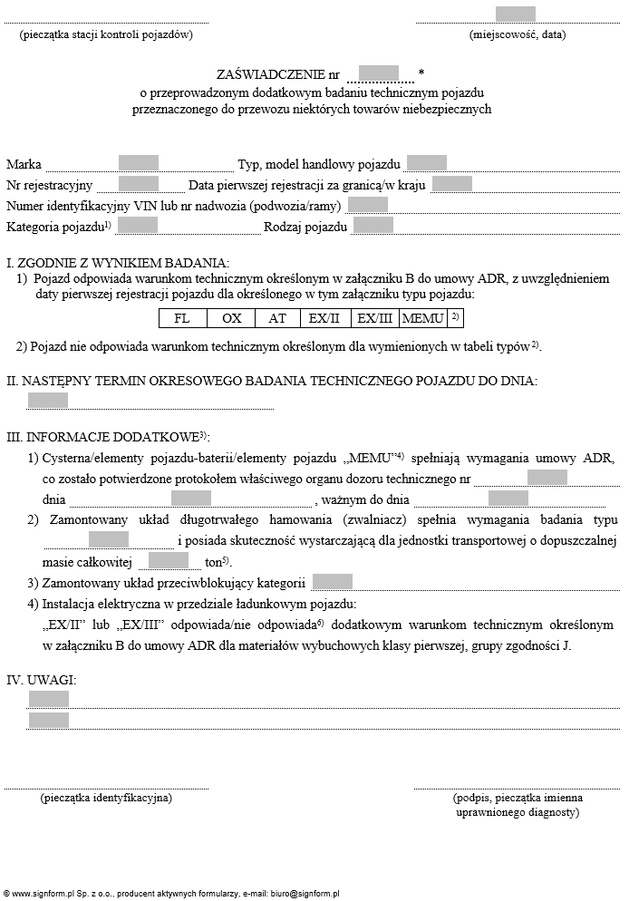 Zaświadczenie o przeprowadzonym badaniu technicznym pojazdu, Wzór oraz sposób wypełniania zaświadczenia o przeprowadzonym dodatkowym badaniu technicznym pojazdu przeznaczonego do przewozu niektórych towarów niebezpiecznych