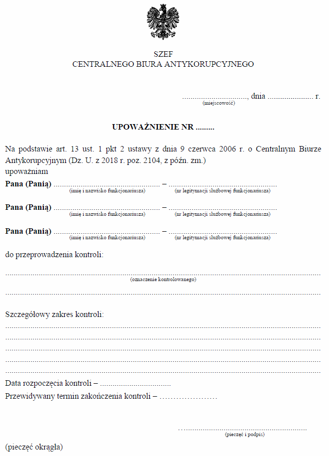 Upoważnienie do przeprowadzenia kontroli przez funkcjonariuszy CBA