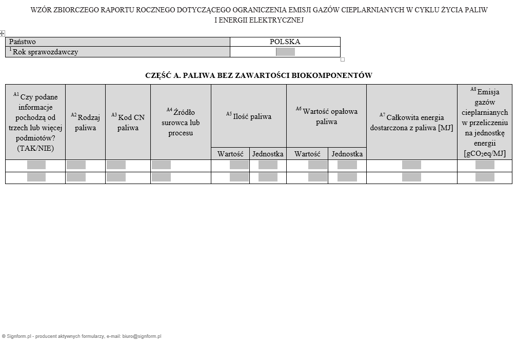 Wzór Zbiorczy raport roczny dotyczący ograniczenia emisji gazów cieplarnianych w cyklu życia paliw i energii elektrycznej