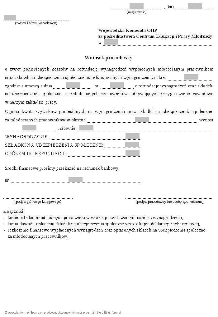 Wzory dotyczące refundowania ze środków Funduszu Pracy wynagrodzeń wypłacanych młodocianym pracownikom