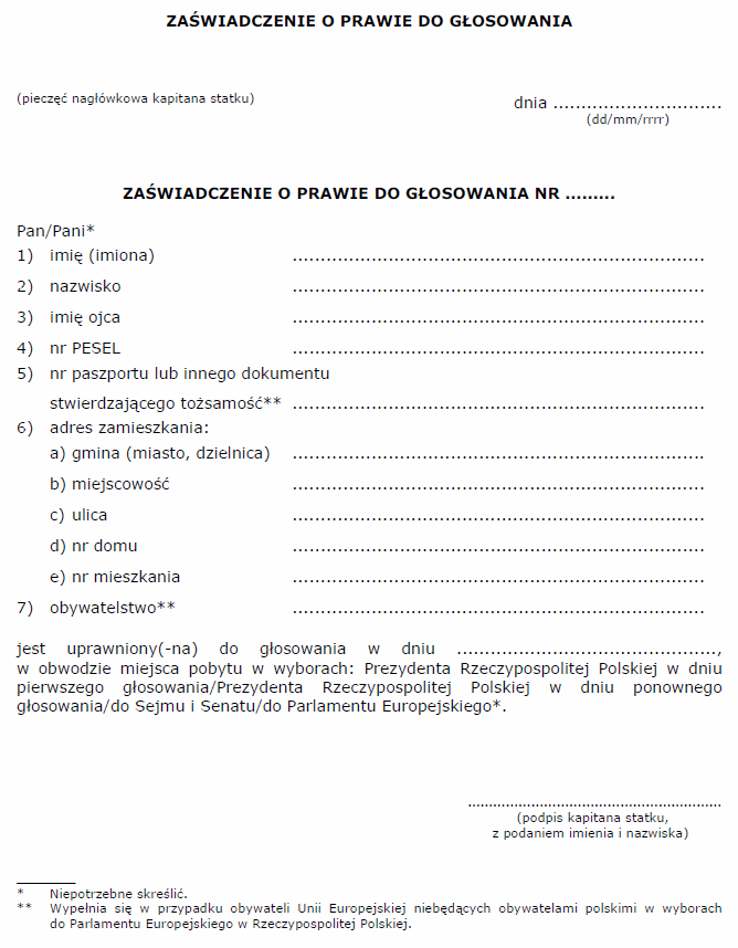 Wzory dotyczące spisu wyborców dla obwodów głosowania utworzonych na polskich statkach morskich