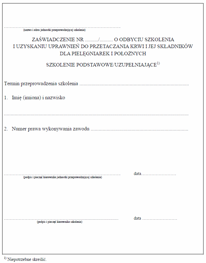 Zaświadczenie o odbyciu szkolenia i uzyskaniu uprawnień do przetaczania krwi i jej składników
