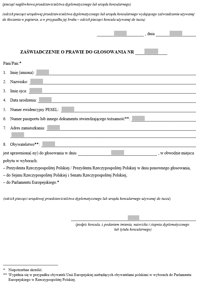 Zaświadczenie o prawie do głosowania wyborców przebywających za granicą