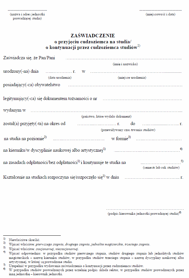 Zaświadczenie o przyjęciu cudzoziemca na studia/ o kontynuowaniu przez cudzoziemca studiów