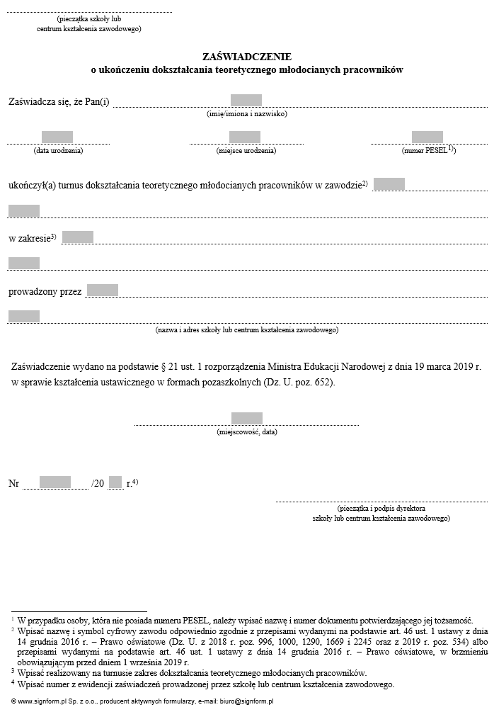 Formularze dotyczące kształcenia ustawicznego w formach pozaszkolnych