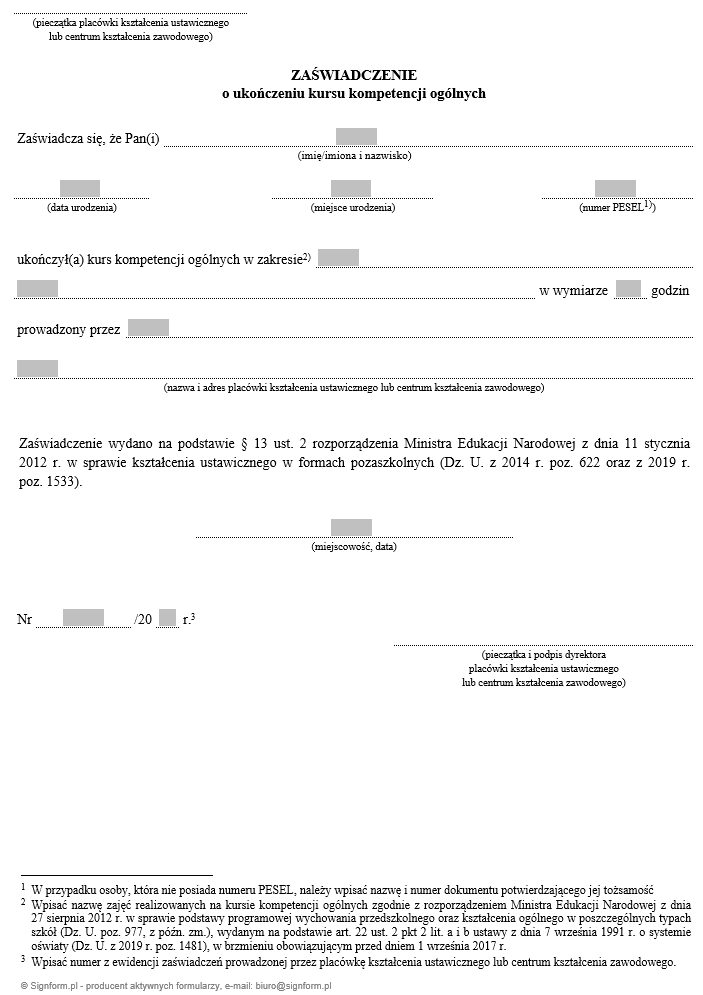 Zaświadczenie o ukończeniu kursu kompetencji ogólnych