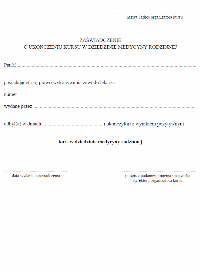 Karta realizacji kursu w dziedzinie medycyny rodzinnej, Zaświadczenie o ukończeniu kursu w dziedzinie medycyny rodzinnej