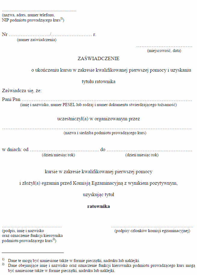 Zaświadczenie o ukończeniu kursu w zakresie kwalifikowanej pierwszej pomocy i uzyskaniu tytułu ratownika