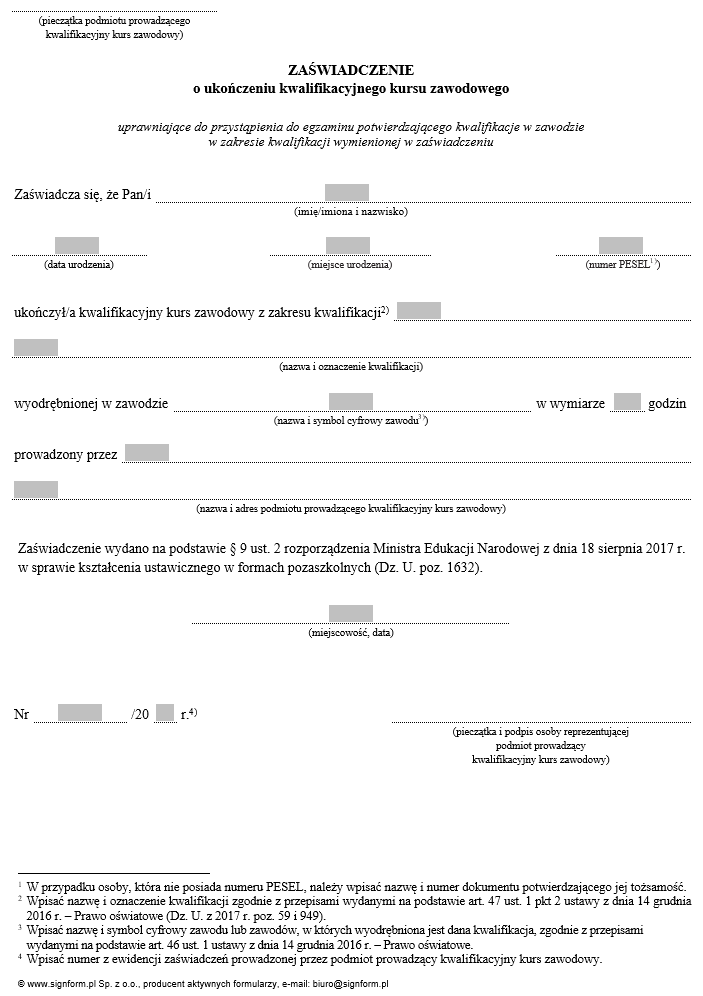Wzory dotyczące kształcenia ustawicznego w formach pozaszkolnych