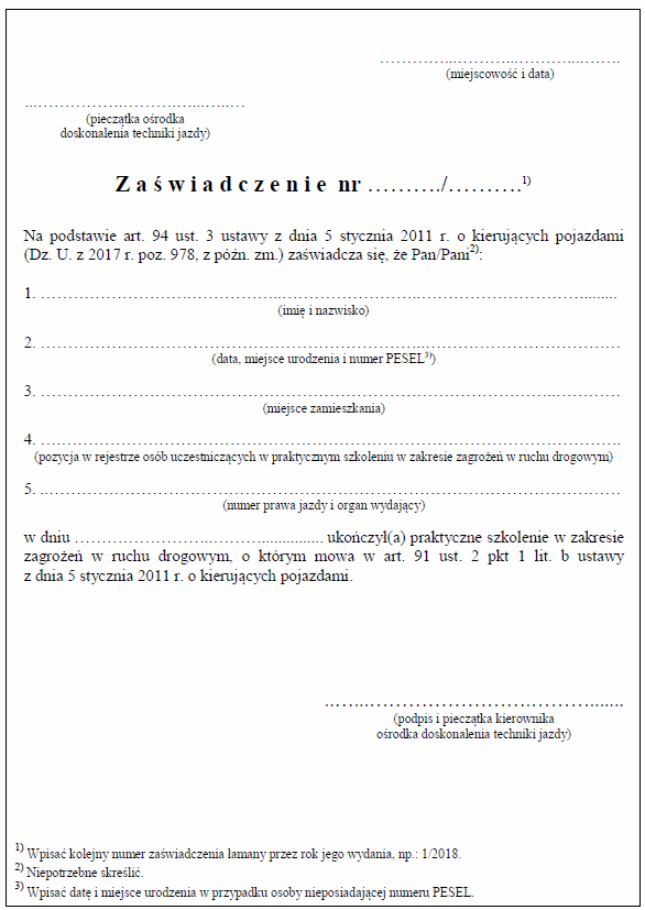 Formularze z zakresu bezpieczeństwa ruchu drogowego