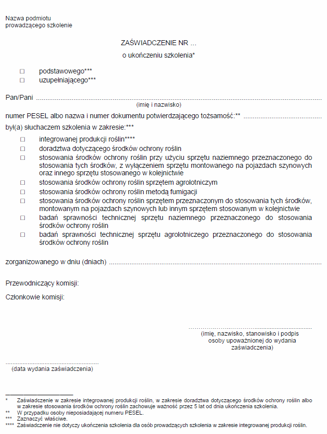 Zaświadczenie o ukończeniu szkolenia w zakresie środków ochrony roślin