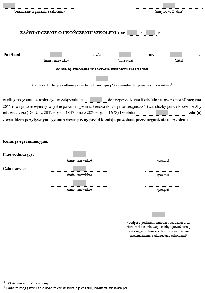 Zaświadczenie o ukończeniu szkolenia w zakresie wykonywania zadań członka służby porządkowej i służby informacyjnej / kierownika do spraw bezpieczeństwa