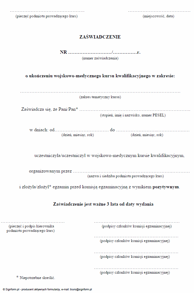 Zaświadczenie o ukończeniu wojskowo-medycznego kursu kwalifikacyjnego