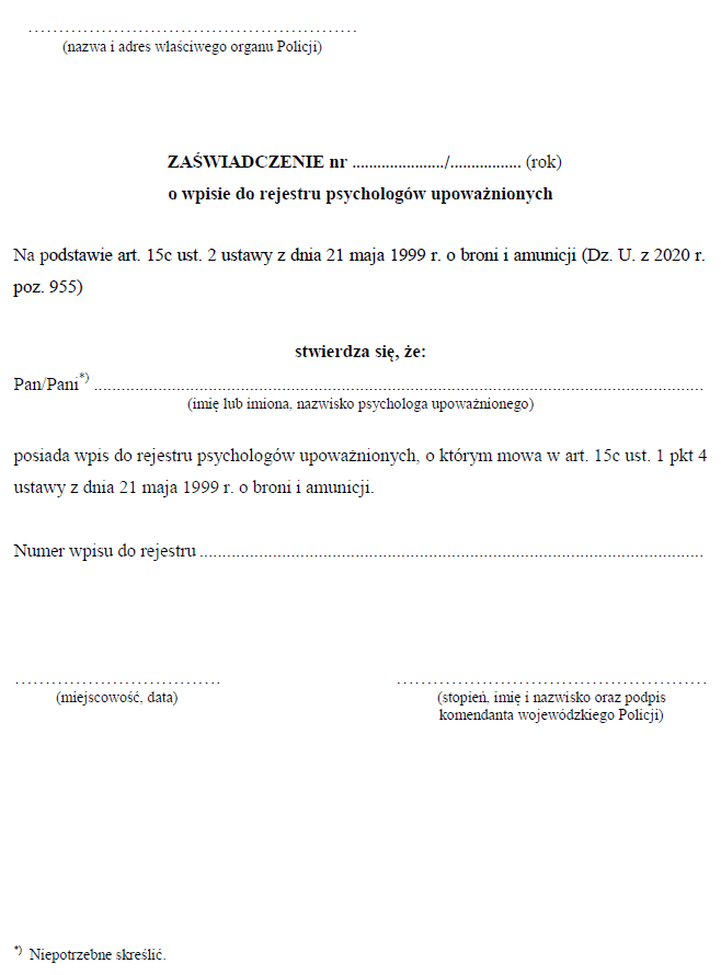 Wzory badań lekarskich i psychologicznych osób występujących o wydanie pozwolenia na broń
