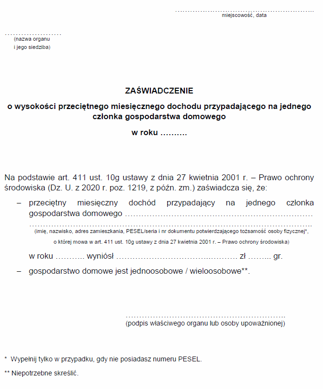 Żądanie wydania zaświadczenia o wysokości przeciętnego miesięcznego dochodu przypadającego na jednego członka gospodarstwa domowego + żaświadczenie