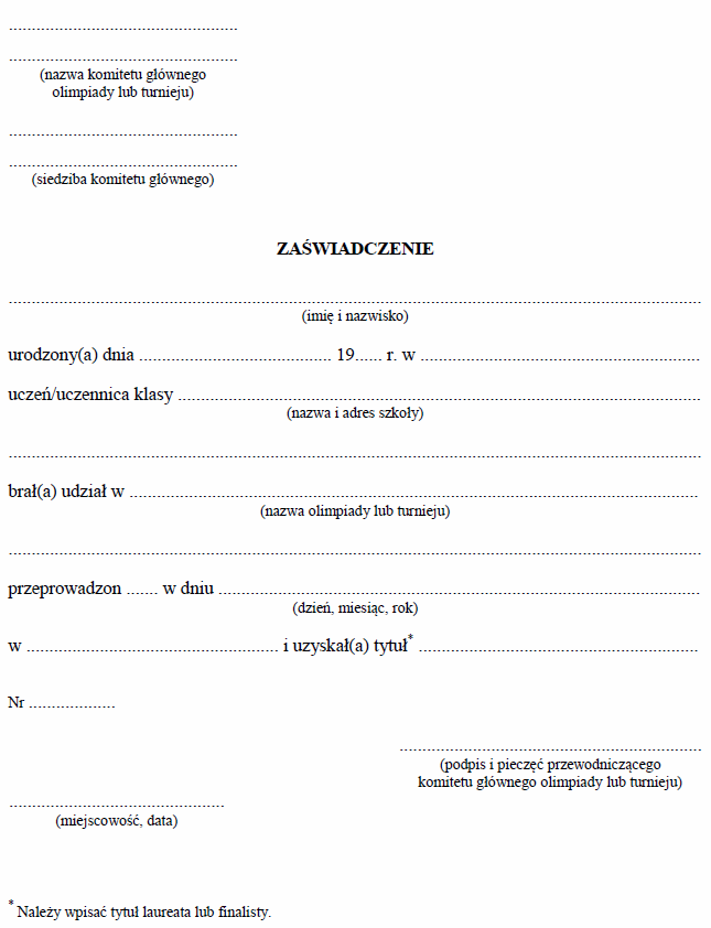 Zaświadczenie o wzięciu przez ucznia/uczennicę udziału w olimpiadzie lub turnieju
