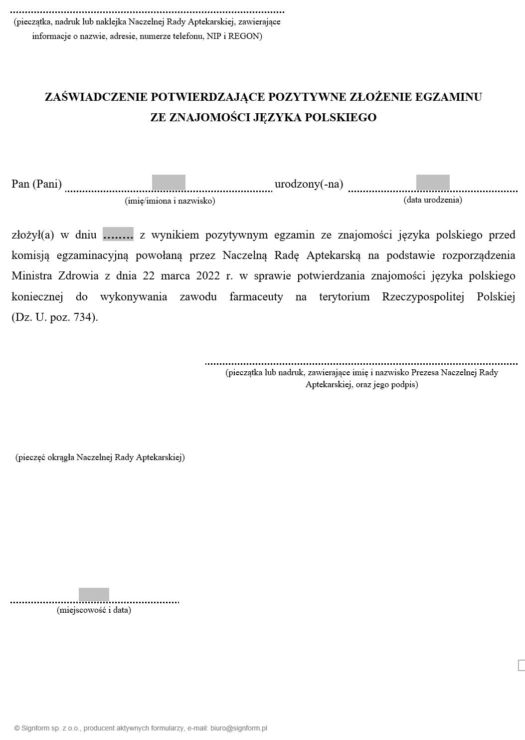 Zaświadczenie potwierdzające pozytywne złożenie egzaminu ze znajomości języka polskiego