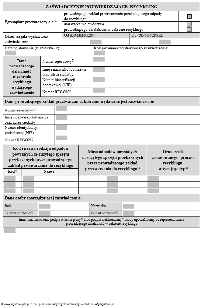Zaświadczenie potwierdzające recykling i Zaświadczenie potwierdzające inne niż recykling procesy odzysku
