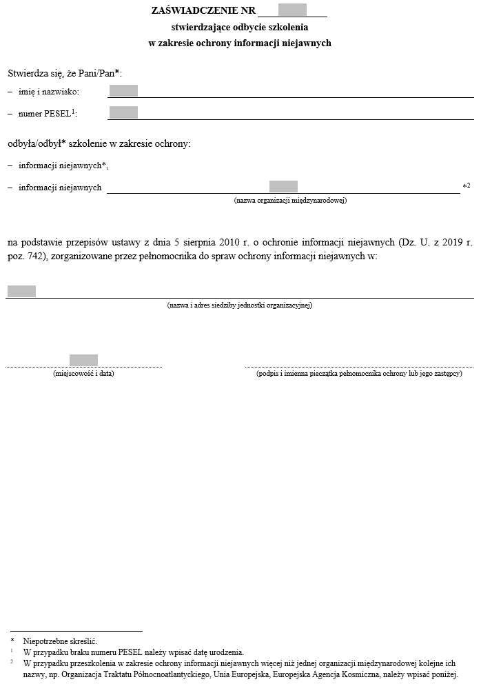 Zaświadczenia stwierdzające odbycie szkolenia w zakresie ochrony informacji niejawnych