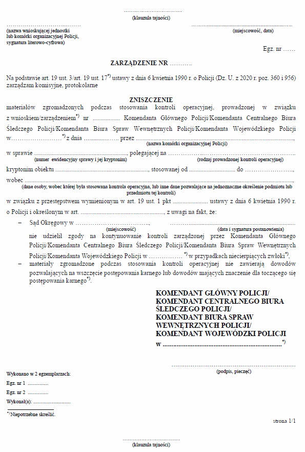 Wzory dokumentowania prowadzonej przez Policję kontroli operacyjnej