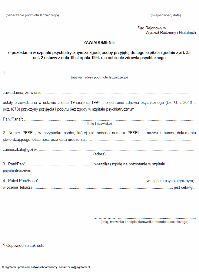 Wzory dotyczące skierowania, przyjęcia, wypisania ze szpitala psychiatrycznego