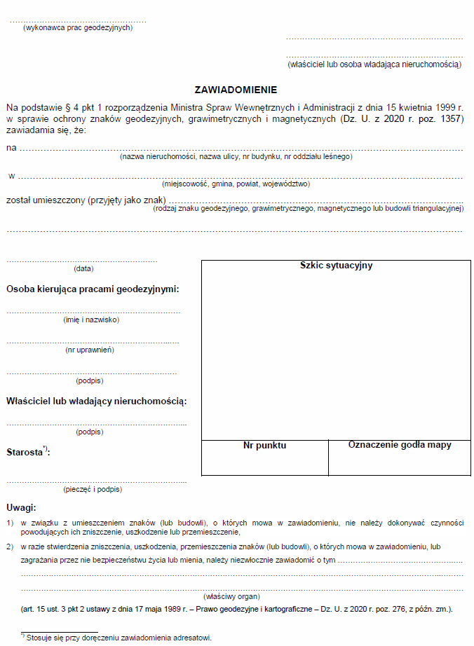 Zawiadomienie o umieszczeniu znaku geodezyjnego, grawimetrycznego i magnetycznego lub budowli triangulacyjnej
