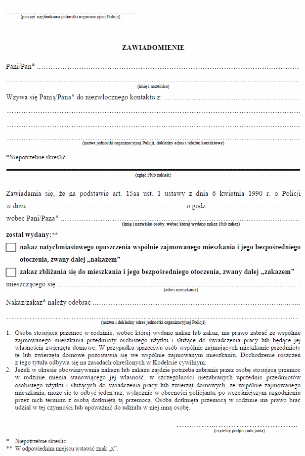 Zawiadomienie o wydaniu nakazu natychmiastowego opuszczenia wspólnie zajmowanego mieszkania - PRZEMOC W RODZINIE