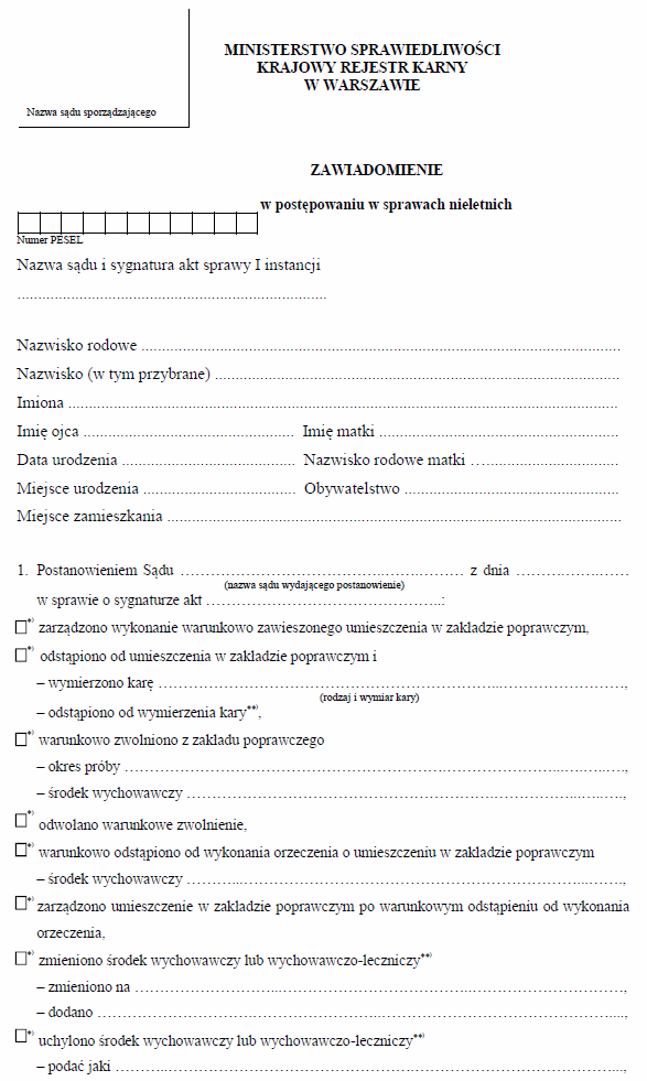 Karta rejestracyjna karna, Karta rejestracyjna nieletniego, Zawiadomienie w postępowaniu w sprawach nieletnich i Zawiadomienie w przedmiocie zamieszczenia danych w Rejestrze Sprawców Przestępstw na Tle Seksualnym