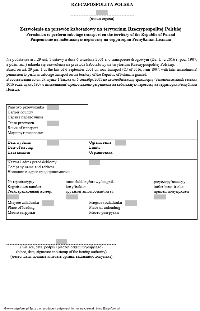 Zezwolenie na międzynarodowy przewóz drogowy rzeczy na terytorium RP i Zezwolenie na przewóz kabotażowy na terytorium RP