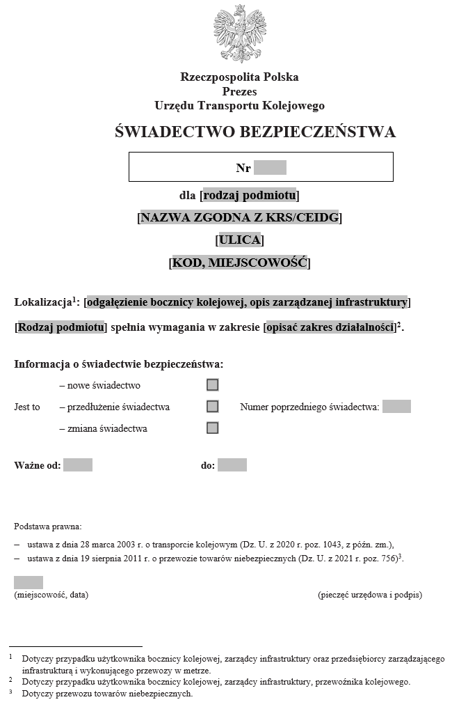 Autoryzacja Bezpieczeństwa, Świadectwo bezpieczeństwa