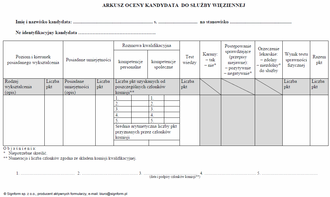 Ankieta personalna kandydata do Służby Więziennej, Arkusz oceny kandydata do Służby Więziennej