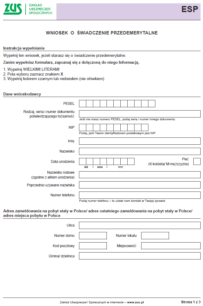 ESP Wniosek o świadczenie przedemerytalne