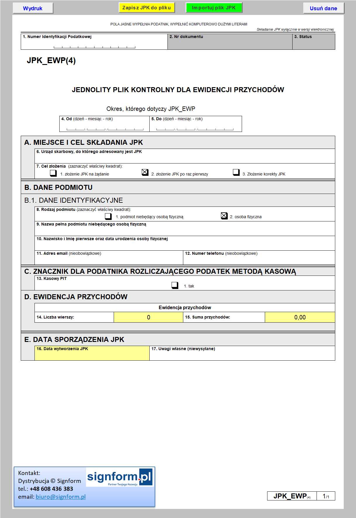 JPK_EWP (4) — ewidencja przychodów (ryczałt) | Skoroszyt iForm