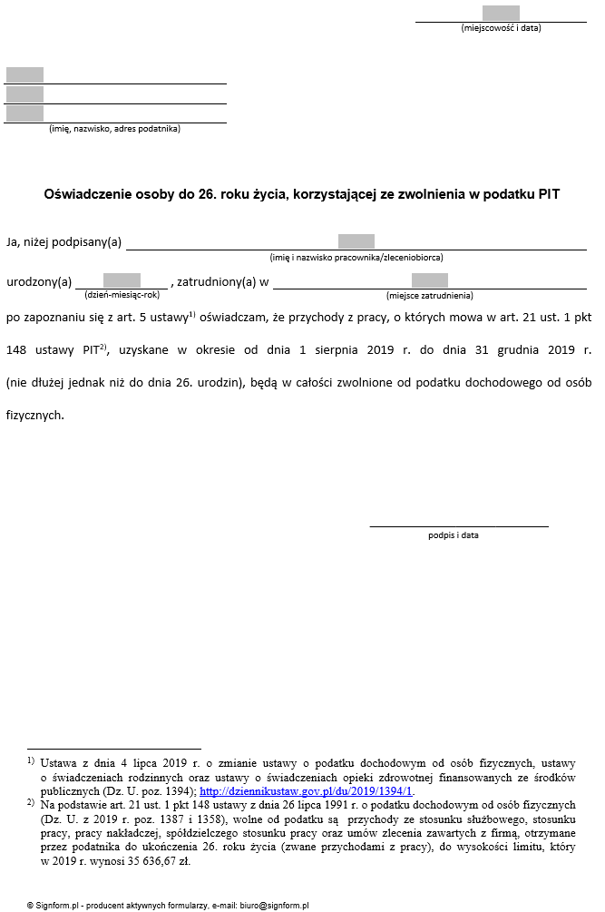 PIT ZERO dla młodych. Oświadczenie dla osoby do 26. roku życia zamierzającej skorzystać ze zwolnienia w podatku PIT