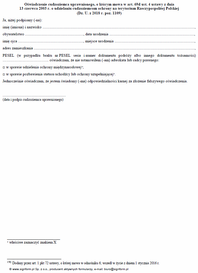 Oświadczenia cudzoziemca uprawnionego, o którym mowa w art. 69d ust. 4-6 ustawy z dnia 13 czerwca 2003 r. o udzielaniu cudzoziemcom ochrony na terytorium RP