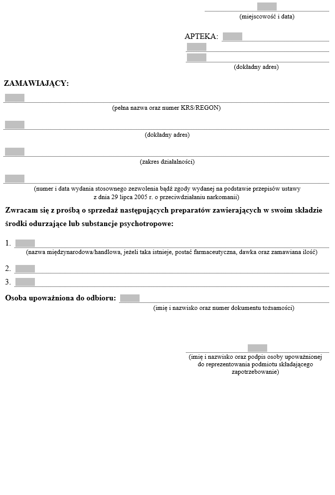 Zgłoszenie zapotrzebowania na zakup preparatów zawierających w swoim składzie środki odurzające lub substancje psychotropowe WZÓR fomularza