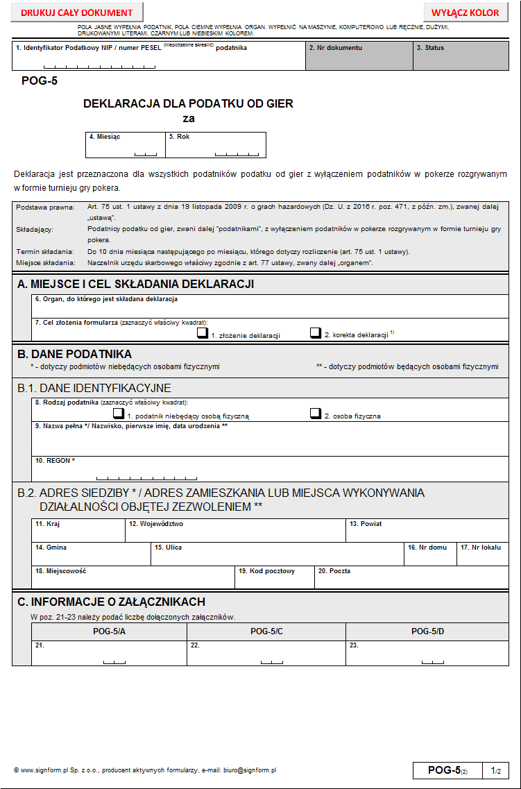 POG-5, POG-5/A, POG-5/C, POG-5/D, POG-P - Wzory deklaracji podatkowych dla podatku od gier