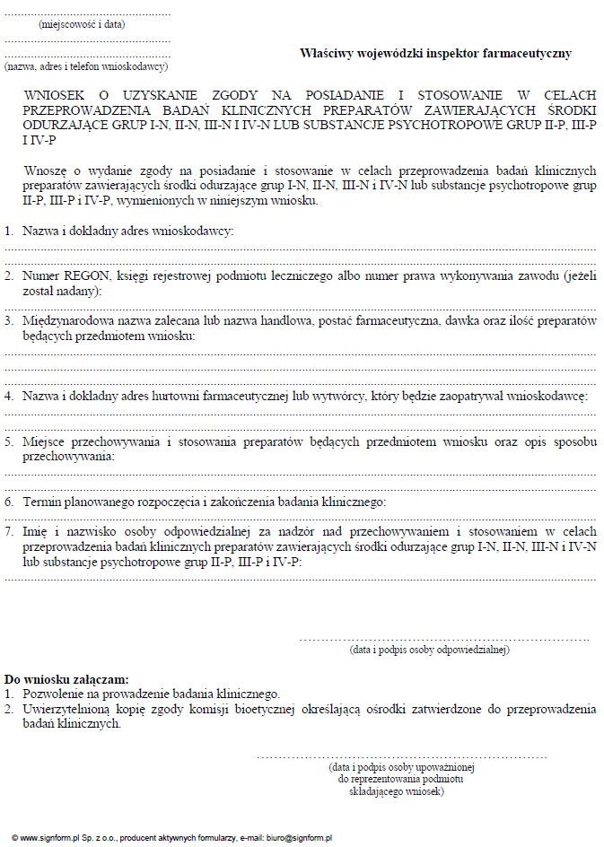 Wzory dotyczące preparatów zawierających środki odurzające lub substancje psychotropowe, które mogą być posiadane i stosowane w celach medycznych oraz do badań klinicznych, po uzyskaniu zgody wojewódzkiego inspektora farmaceutycznego
