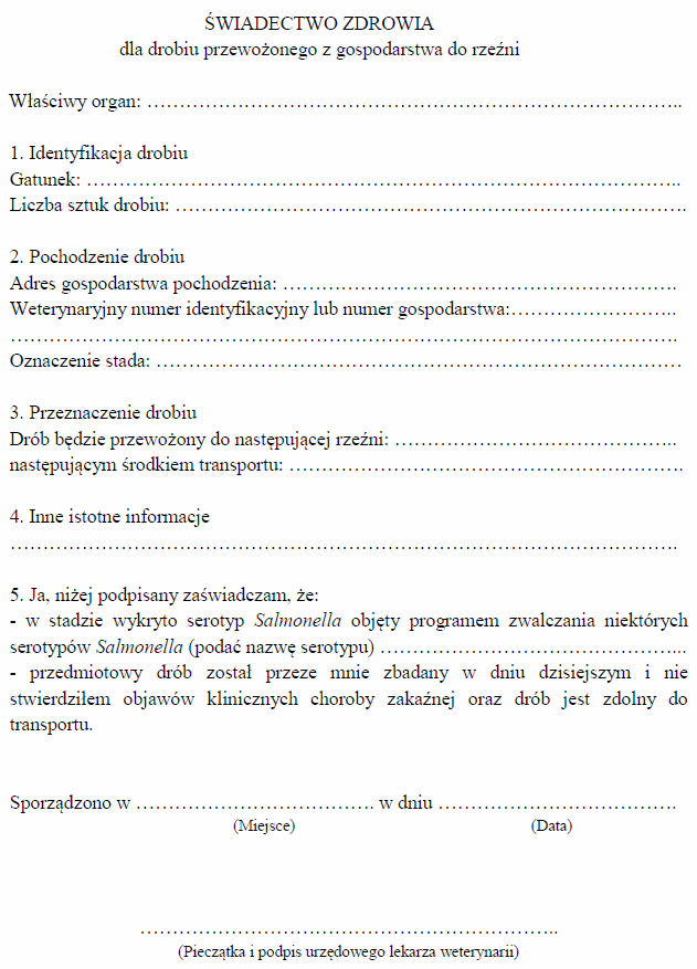Świadectwo zdrowia dla drobiu przewożonego z gospodarstwa do rzeźni