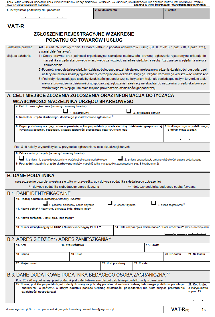 Wzory VAT (VAT-R, VAT-5, VAT-5UE, VAT-Z) dotyczące rejestracji podatników w zakresie podatku od towarów i usług