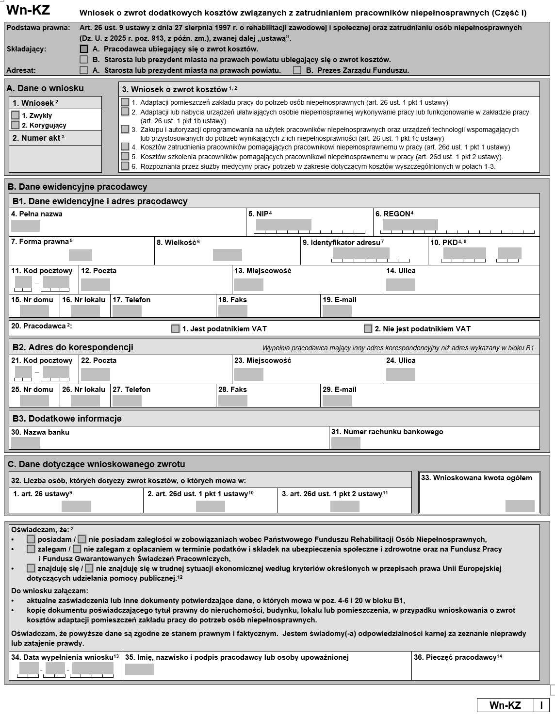 Zwrot kosztów zatrudniania pracowników niepełnosprawnych 2026 - wniosek Wn-KZ, zasady PFRON