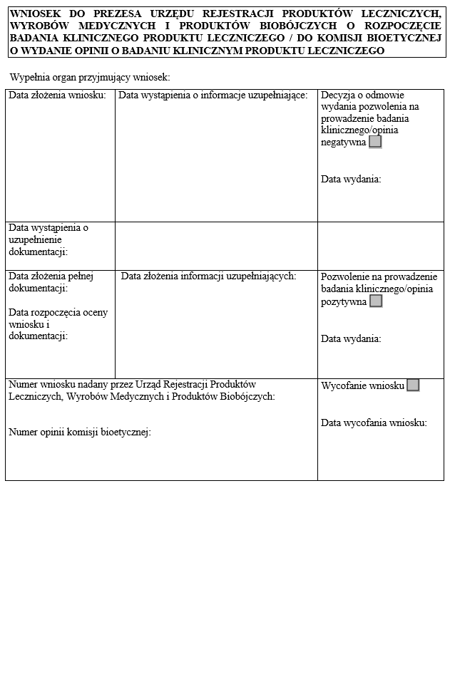 Wzory dokumentów przedkładanych w związku z badaniem klinicznym produktu leczniczego oraz opłat za złożenie wniosku o rozpoczęcie badania klinicznego