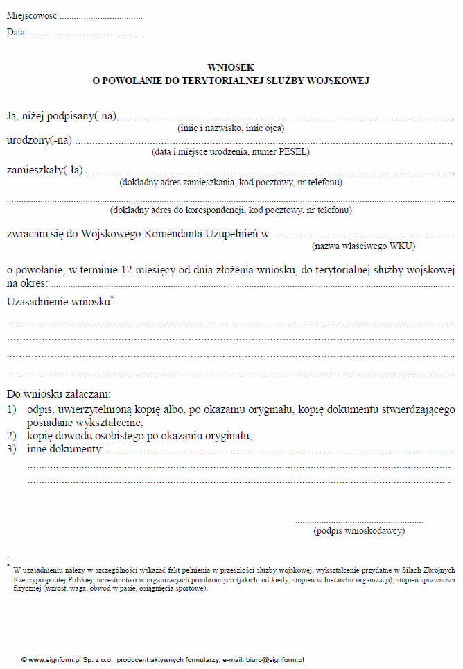 Wniosek o powołanie do terytorialnej służby wojskowej