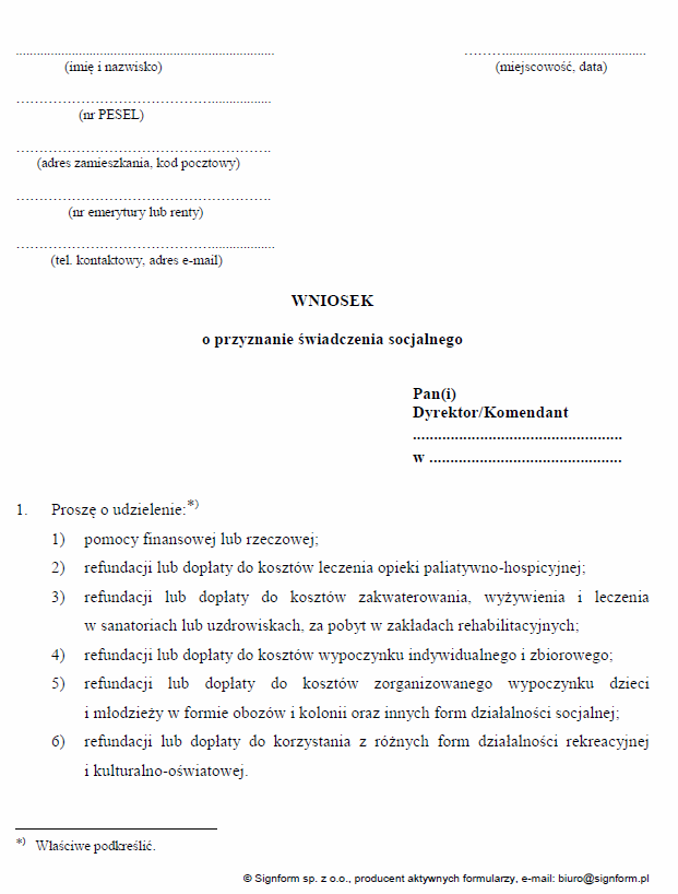 Wniosek o przyznanie świadczenia socjalnego dla emeryta, rencisty Służby Więziennej, Wniosek o objęcie świadczeniem socjalnym emeryta, rencisty Służby Więziennej