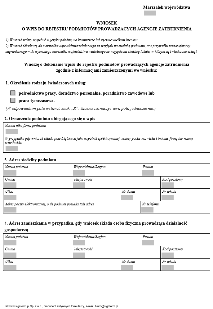Wzory dokumentów dotyczących działalności agencji zatrudnienia