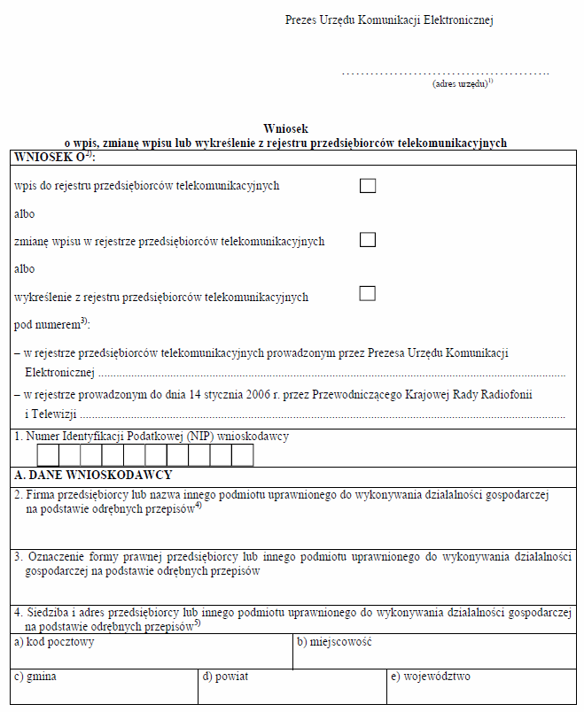 Wniosek o wpis lub zmianę wpisu do rejestru przedsiębiorców telekomunikacyjnych, Wniosek o wpis, zmianę wpisu lub wykreślenie z rejestru jednostek samorządu terytorialnego wykonujących działalność w zakresie telekomunikacji