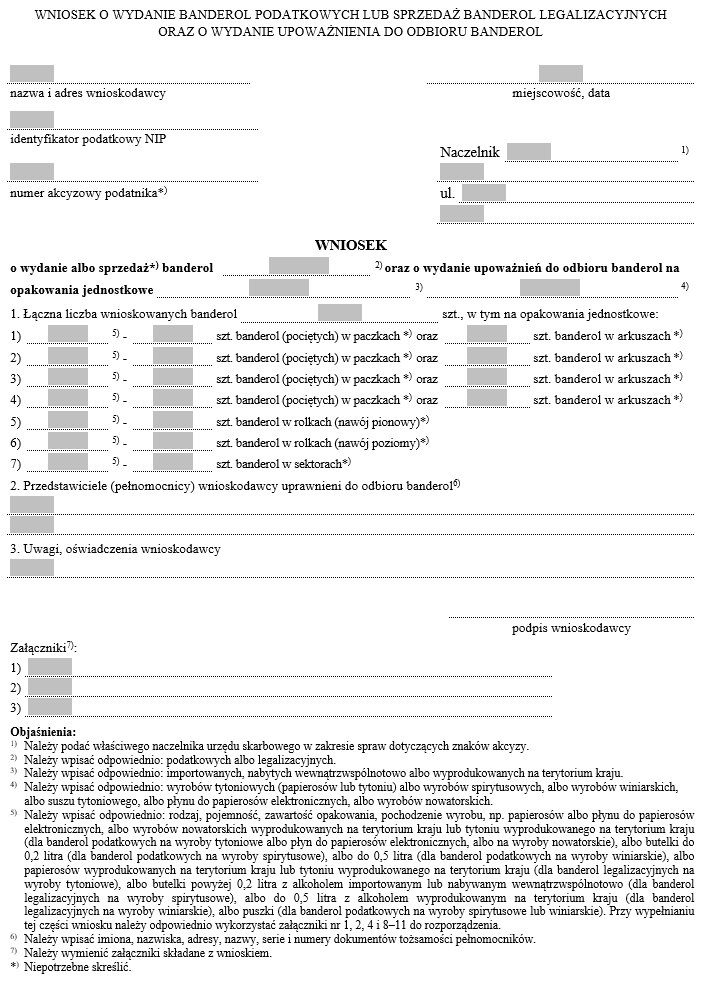 Wniosek o wskazanie sposobu nanoszenia banderol na nietypowe opakowania jednostkowe wyrobów akcyzowych, Wniosek o zdjęcie banderol z opakowań jednostkowych wyrobów akcyzowych lub z wyrobów akcyzowych, Wstępne zapotrzebowanie na banderole podatkowe i legal