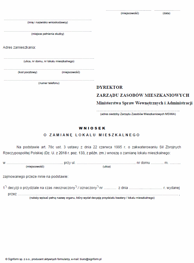 Wzory dokumentów stosowanych w postępowaniu o opróżnienie lokalu mieszkalnego (Zarząd Zasobów Mieszkaniowych MSWiA)
